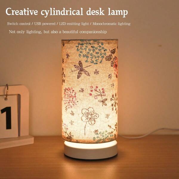 1 pièce Lampe de table cylindrique minimaliste avec abat-jour en tissu rétro nordique, éclairage LED chaud alimenté par USB, idéal pour la chambre, le salon et le bureau. Éclairage de décoration de chevet, cadeau parfait