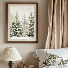 2D Flat, 1pc Snowy Pine Trees Christmas Poster - Minimalist Winter Forest Landscape Canvas Print, Frameless Wall Art Decor For Living Room, Bedroom, Office - Modern Farmhouse Holiday Decoration With Ink On Canvas Painting, Seasonal Home Accent, Textured Artwork