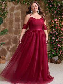 女士加大码优雅浪漫优雅迷人网眼轭正式晚礼服闪光派对礼服适合婚礼宾客、外出、舞会、正式场合、春夏秋冬 - 酒紅色 - 查看 3