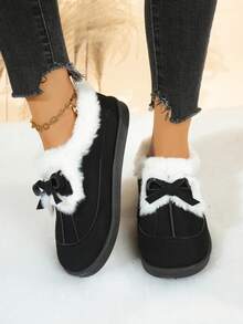 Bottes de cheville d'hiver pour , chaudes et douces avec doublure thermique. Décoration mignonne avec nœud, tige  semelle épaisse confortable et antidérapante. Bottes de neige casual - Noir - Voir 4