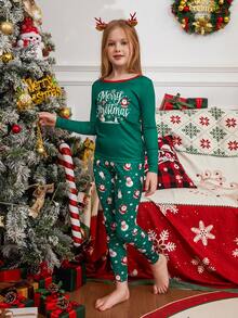 2 piezas Pijamas a juego para la familia en Navidad, diseño divertido de Papá Noel, muñeco de nieve y pingüino, cuello redondo, manga larga y pantalón largo, suave y cómodo, para fiestas navideñas, otoño/invierno - Verde - Ver 4