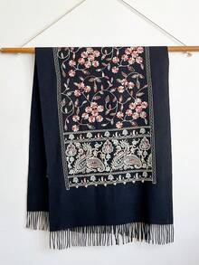 1 件女士秋冬仿羊绒刺绣围巾，厚实保暖流苏刺绣波西米亚风格旅行披肩斗篷 - 黑色 - 查看 2