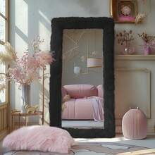 Full Length Mirror Free Standing Furry Faux Fur Framed Full Body Floor Mirror Wall Mounted Leaning Hanging Wall For Bedroom Hallway Entrance, 71"X32", Black,24331416,Selfie Mirror, Apartment Friendly - 黑色 - 查看 2