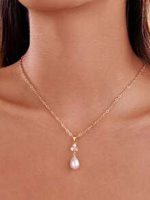1 buc colier elegant cu lanț cu picătură de apă cu stras, lanț de corp minimalist cu pandantiv cu perle artificiale, versatil pentru femei