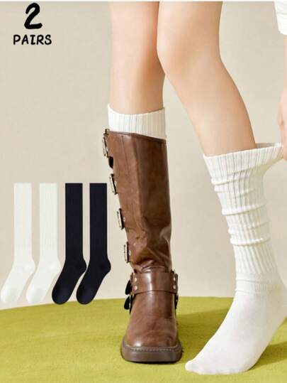 2 paia di calze sottili e semplici in bianco e nero per donna, calze lunghe e calde per uso quotidiano con scarpe in pelle, regalo per festival. Regalo di Natale