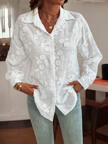 女士时尚刺绣宽松衬衫 - 白色 - 查看 4