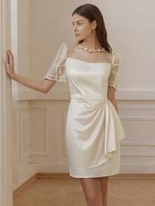 Amyenjoylife 现代菲律宾风女式时尚喇叭袖连衣裙 - 杏色 - 查看 1