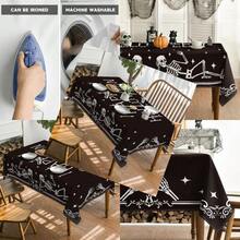 Halloween Tablecloth 52*70 Inch Rectangular Spooky Skeleton Skull Star Black Washable Seasonal Table Cover For Party Picnic Dinner Decor