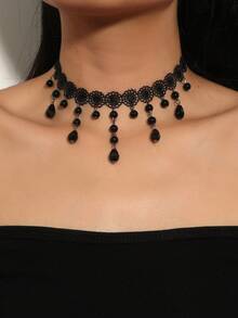 1pc Gothic Style Spider Web Lace Pendant Necklace, Black Tassel Choker Necklace - Black - View 5