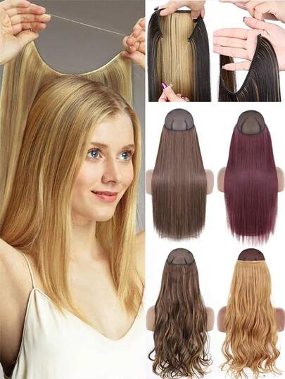 Synthetic No Clip Invisible Wire Hair Extensions Straight Black Blonde One Piece False Hairpiece Hair Extension