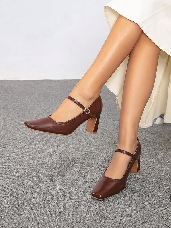 Mary Jane Pumps With Ankle Strap, Square Toe, Chunky Heel, Patent Leather, Elegant For Work, Commute, Spring/Autumn