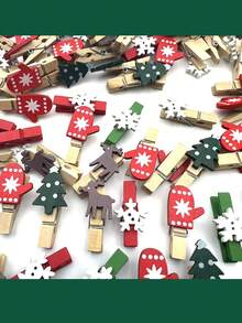 20-Pack Wooden Christmas Clothespins - Mini Decorative Craft Pegs For Photo Hanging, Wedding Embellishments - Multifunctional Holiday Shapes Clip Set For Party, Birthday, Home Decor - Christmas Trees, Gloves, Reindeers, Snowflakes - No Electricity Needed, Hanging Attachments Included, Wooden Christmas Clothespins