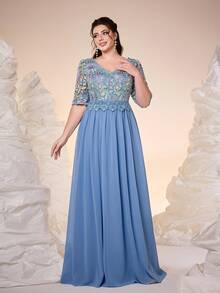 Plus Anpoket，新款V领撞色刺绣中袖雪纺晚礼服，适合舞会、婚礼、派对、婚礼宾客、晚宴、情人节等场合。 - 藍色 - 查看 5