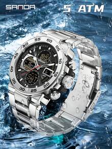 SANDA. Reloj deportivo SANDA 6312 de acero inoxidable nuevo, con pantalla dual, movimiento dual, resistente al agua 5ATM, reloj electrónico multifunción para hombres - Plateado - Ver 5