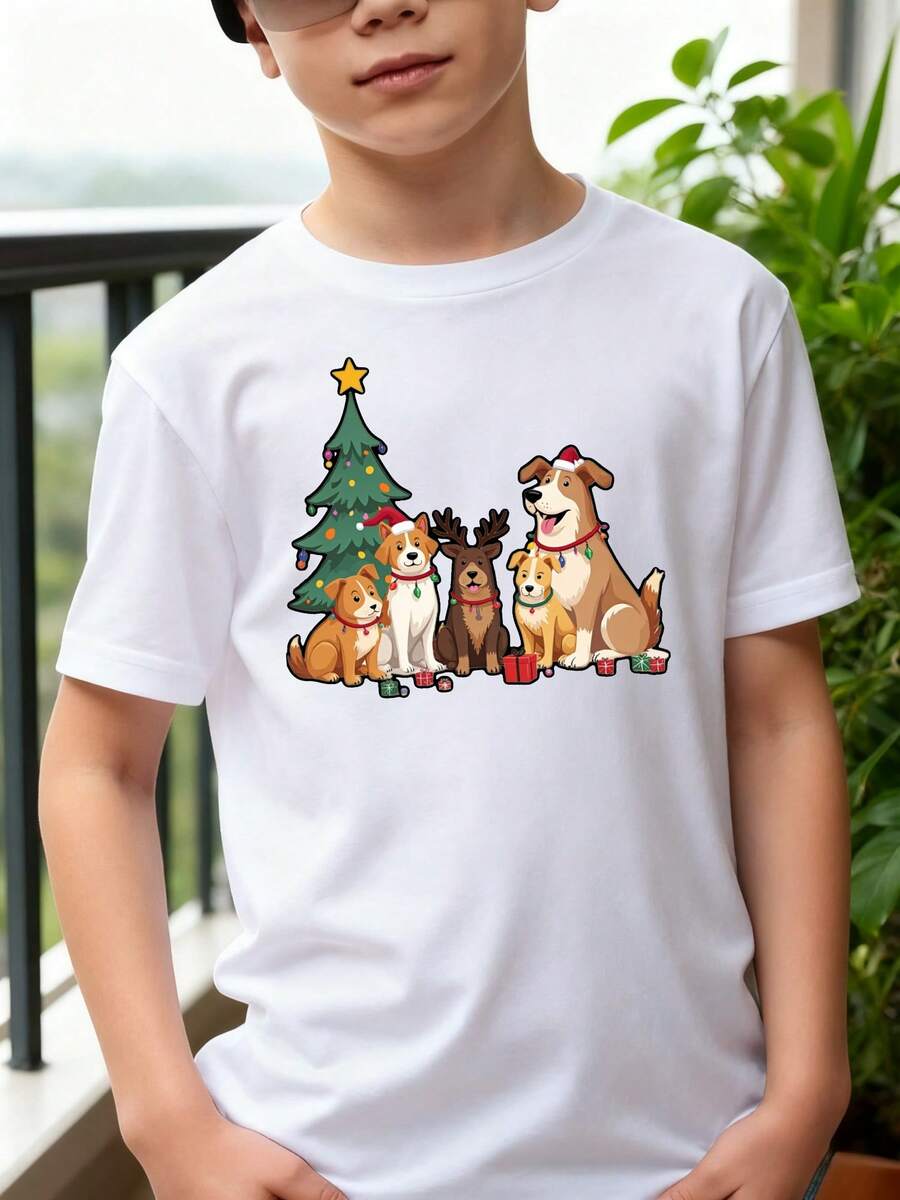 Playeras de niño Navidad Perros Árbol Regalos Reno sudaderas de niño tops para adolescentes Camisetas navideñas Regalos navideños Camisetas de niña Camiseta de Halloween para niñas Camisetas para niños y niñas La tela es suave, transpirable y cómoda, hecha de puro algodón. - Blanco - Ver 1