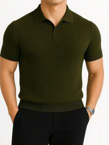 Men's Ribbed Cotton Polo Shirt With V-Neck – Sophisticated Style And Perfect Fit - 軍綠色 - 查看 1