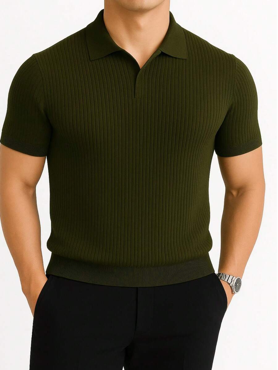 Men's Ribbed Cotton Polo Shirt With V-Neck – Sophisticated Style And Perfect Fit - 軍綠色 - 查看 1
