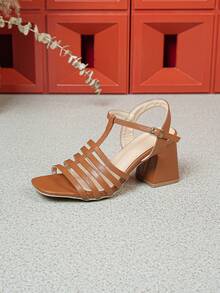 French Summer Women's Sandals, Thick Heel High Heels, New Bohemian Buckle Personalized Fairy Style Buckle Square Toe Open Toe Women Shoes, Beach Buckle - Brown - View 3