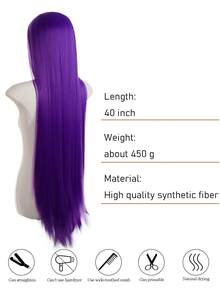 40英寸超长直发cosplay假发，中分，万圣节假发，耐热合成假发，女士款 - 紫色 - 查看 6