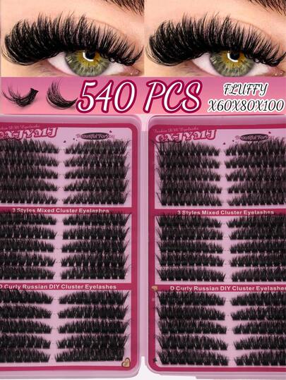 540 قطعة من رموش مجموعة صندوق الرموش الكثيفة الزائفة. رموش كتل ناعمة وريشية، بطراز كرتوني، مناسبة للتنكر. رموش كتل قابلة لإعادة الاستخدام، مثالية لل-DIY في المنزل. أداة تطبيق رموش سهلة الاستخدام.