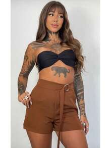 Women's Tailored Shorts With Ties - Rust Brown - View 2