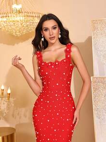 全新优雅珍珠闪亮水钻装饰手工 3D 花卉装饰方领细肩带露背紧身长款绷带连衣裙，女士正式晚礼服，适合生日派对、正式晚宴、狂欢节、复活节 - 紅色 - 查看 8