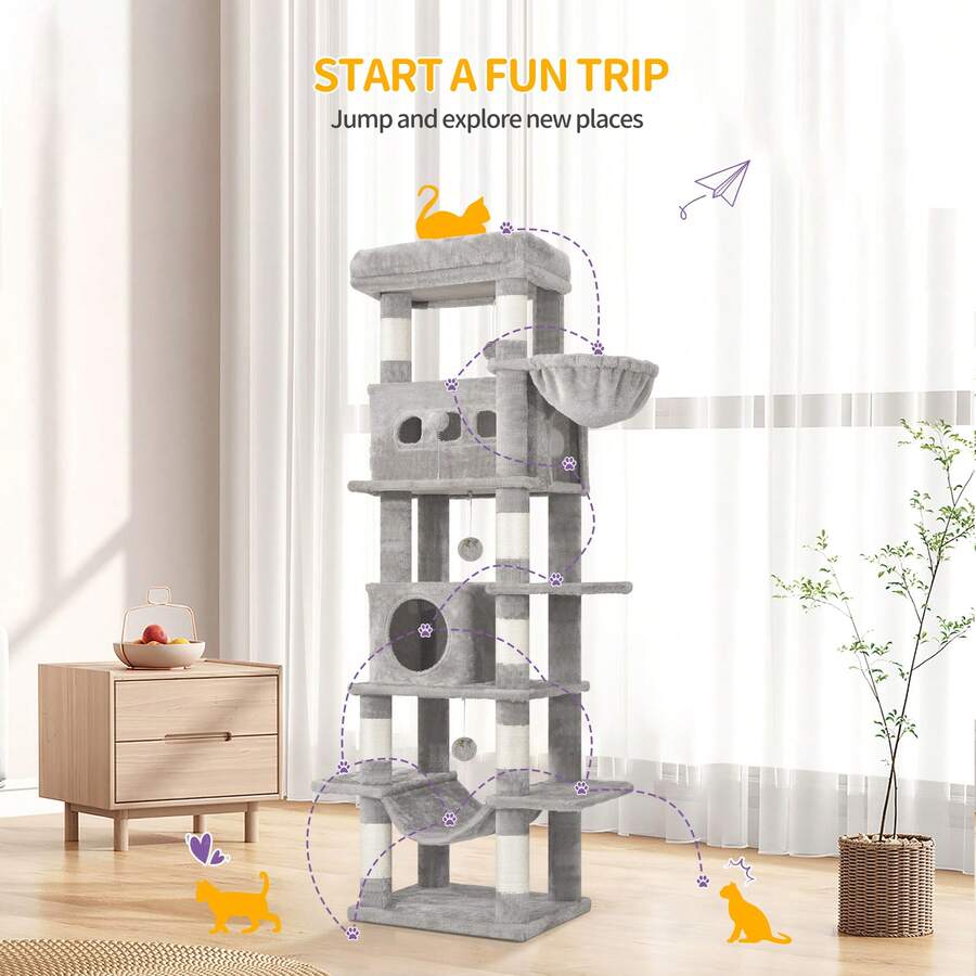 HEXCELEN Cat Tree For Indoor Cats, 170 Cm Large Tall Cat Tower, Multi-Level Cats House With Condo, 8 Scratching Posts, Hammock, 4 Pom Poms, Light Grey - 淺灰色 - 查看 1