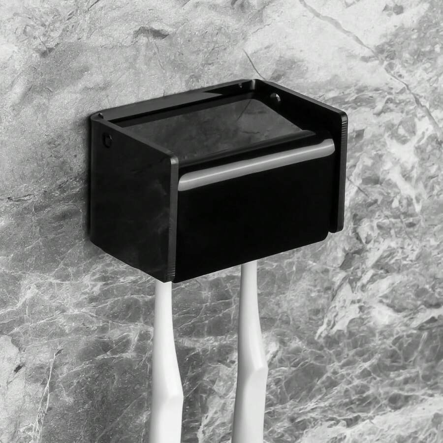 Soporte para cepillo de dientes montado en la pared con tapa para el baño, organizador de almacenamiento de cepillo de dientes para la ducha, colgador de cepillo de dientes autoadhesivo con dispensador de pasta de dientes automático - Negro - Ver 1