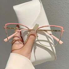 1 Pair Of Women's Pink Cat-Eye Glasses With Metal Frames, Non-Prescription Lenses, Stylish And Versatile For Everyday Wear And Decoration.
