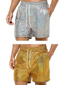 2pcs Men's Shorts, Metallic Holographic Shorts, Sequined Sexy Shorts, Suitable For Party Heating Up With Drawstring And Pocket Shorts  Christmas - 金色+銀色 - 查看 6