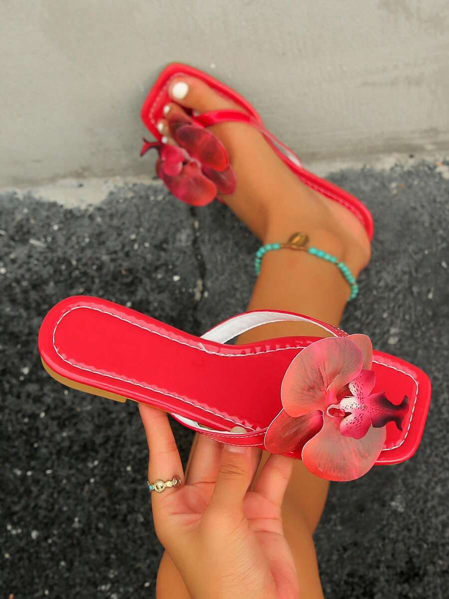 Dép xăng đan họa tiết hoa, dép bệt mới năm 2026 dành cho nữ, kiểu dáng thoải mái cho kỳ nghỉ, dép lê ngoài trời cỡ lớn dành cho nữ. - Đỏ tươi - Xem 1