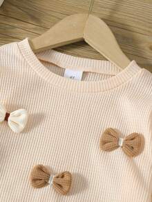 2 件女童休闲蝴蝶结柔软舒适华夫格针织长袖上衣和喇叭裤套装，适合户外穿着，秋冬