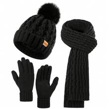 REDESS Women's Cold Weather Beanie Scarf Gloves Set - Thick Knit, Fleece Lined, Touchscreen Compatible, Pom Pom Beanie - RE Adult Pineapple Hat 3-piece Set - View 12