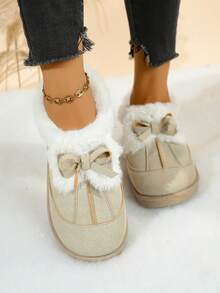 Bottes de cheville d'hiver pour femmes, douces et chaudes, doublées de thermique. Décor mignon avec nœud, tige  semelle épaisse confortable et antidérapante. Bottes de neige casual - Beige - Voir 5