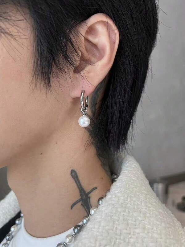 2pcs/Set Stainless Steel Earrings Faux Pearl Dangle Earring Vintage Ear Jewelry For Men