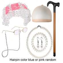 8pcs Vintage Grandma Costume Accessories Set, Including A Wig With Hair Net, A Pair Of Glasses With Chains, A Pearl Necklace, An Infl Crutch, A Bracelet, A Pair Of Earrings, Suitable For Carnival Mask Play. Prom Halloween