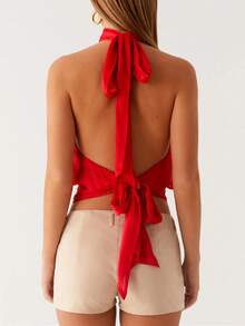 Women's Halter Pleated Chiffon Tank Top Sleeveless Neckline Tie-Up Open Back Tie Casual Blouses 2025 Summer Tops - Đỏ - Xem 3