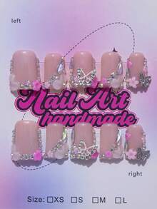 10 件 Y2K Nails 鸭嘴按压指甲套装 - 手工制作，粉色指甲，白色法式风格，手工 3D 花朵，粉色蝴蝶结和粉色小花元素设计，闪亮金色水钻点缀 - 适合女士和女孩，派对、婚礼、日常佩戴、日常美甲，包含工具包。方形指甲。手工假指甲。短指甲。美甲用品 - Follow Your Heart - 查看 1