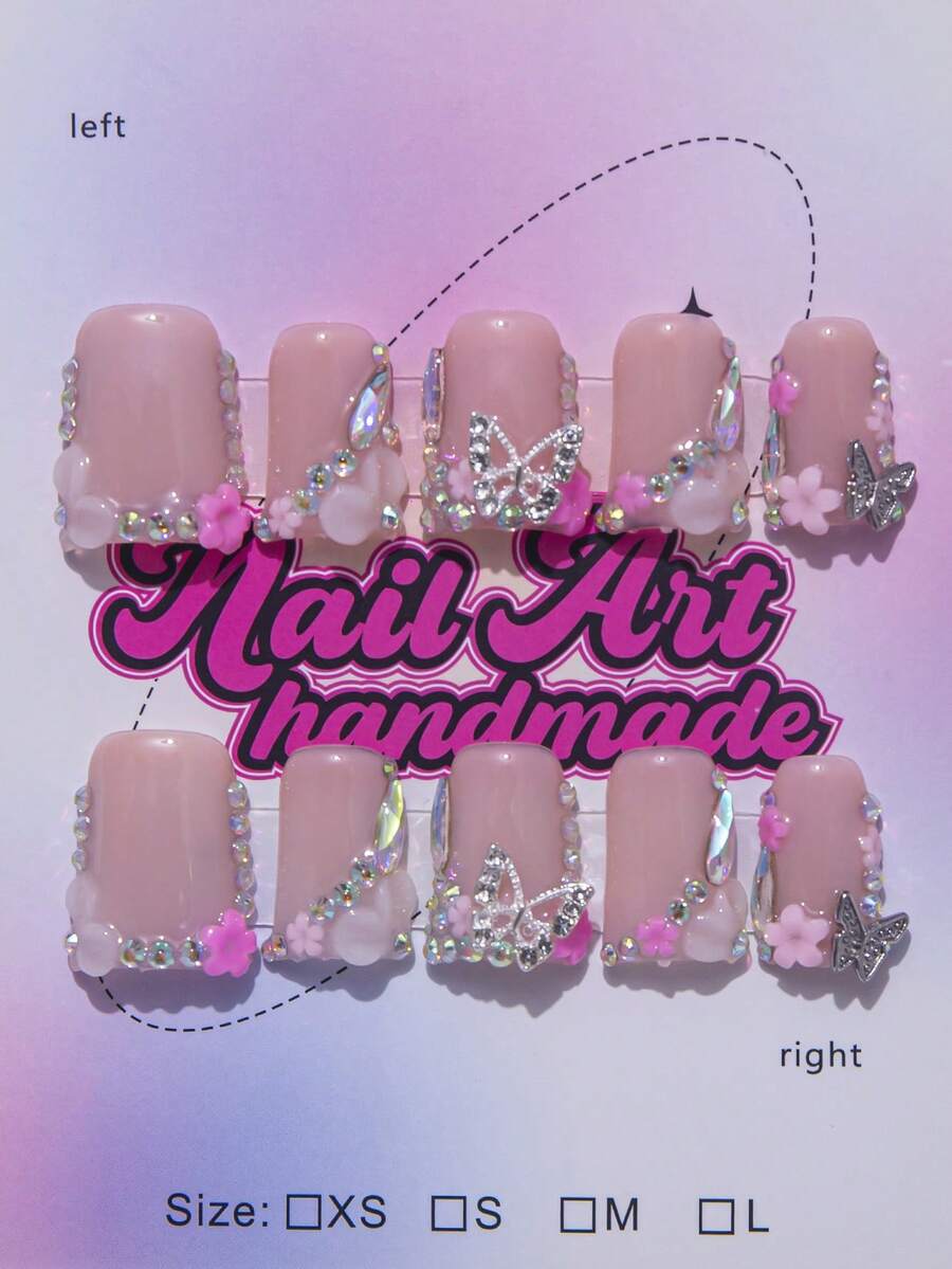 10 件 Y2K Nails 鸭嘴按压指甲套装 - 手工制作，粉色指甲，白色法式风格，手工 3D 花朵，粉色蝴蝶结和粉色小花元素设计，闪亮金色水钻点缀 - 适合女士和女孩，派对、婚礼、日常佩戴、日常美甲，包含工具包。方形指甲。手工假指甲。短指甲。美甲用品 - Follow Your Heart - 查看 1