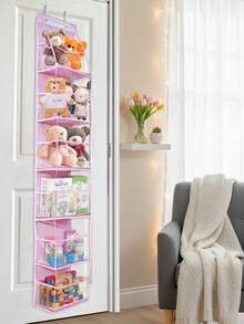 1入懸掛式6層門後收納袋帶2掛鉤，粉色網格掛式收納袋，適用於盛放填充玩具、衣物、食品等，可摺疊PVC收納袋，可掛於衣櫥及門後