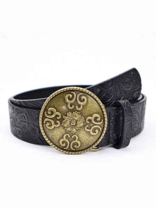 1pc Men's Black Embossed Vintage Bohemian Western Cowboy Leather Belt, Antique Bronze Carved Bohemian Pattern Decorative Buckle, Suitable For Jackets, Shirts, Boots, Daily Wear, Casual, Streetwear, Cowboy Themed Parties, Holiday Gifts Old Money Vintage Autumn/Fall Urban Outfit Classic Christmas Winter Fashion Daily Men Boyfriend Gift