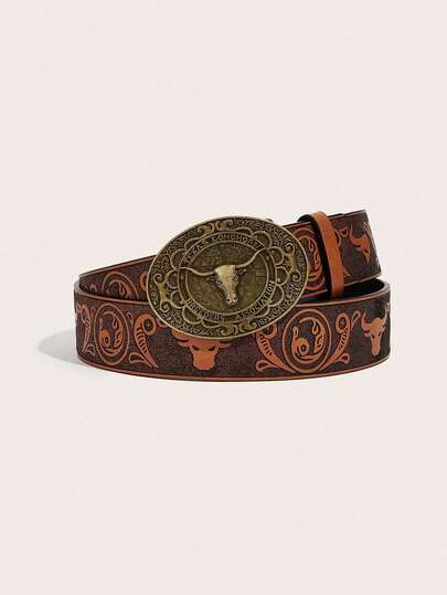 1pc Men's Retro Bohemian Western Style Embossed Leather Belt, Antique Bronze Oval Bohemian Style Bull Head Earth Engraved Decor Buckle, Suitable For Jeans, Casual Pants, Sportswear, Autumn/Winter Fashion Accessory, Suitable For Daily Wear, Casual, Work, Denim-Themed Party, Activities, Can Be A Gift For Men