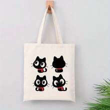 1pc Women's Fashion Canvas Shoulder Bag - Cute Black Cat Design With Red Scarves, Durable Polyester Canvas, Fade-Resistant & Machine Washable, Large Capacity Reusable Tote For Travel, Shopping, Picnic, Daily Use - Holiday Gift Bag, Novelty Purse, Picnic Accessory, Playful Print, Sturdy Construction, Casual Accessory,  Handbag, Highquality Fabric, Travel Essentials - 1套 - 查看 1