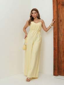 A&DD MODA, REF: Y492 Elegant Women's Jumpsuit With Suspenders, Adjustable Straps And Side Pockets, Casual And Sophisticated Modeling, Uncomplicated And Chic Look, Women's Jumpsuit Tailored For All Occasions, Modern And Comfortable Style - Màu vàng - Xem 5