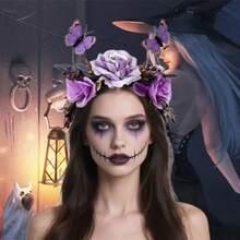 Purple Rose Flower Butterfly Headband Crown Headpiece Day Of The Dead Halloween Wedding Party Hair Hoop For Women Fairy Accessories Supplies