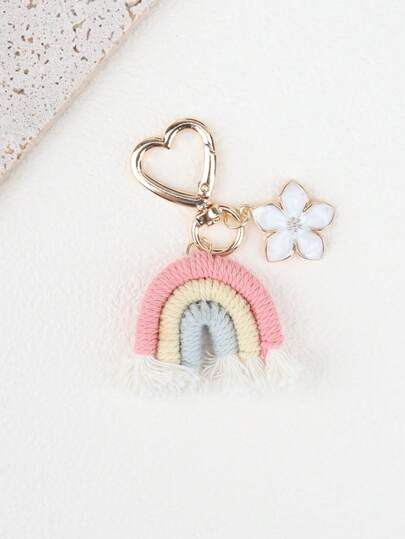 1pc Women's Creative Woven Boho Style Keychain With Rainbow Tassel & Floral Charm, Bag Accessory