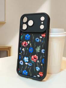 1PC ブラック地にブルーとレッドの水彩風花が描かれたスマホケース ナチュラルで洗練されたボタニカルデザイン 鏡頭完全保護、衝撃吸収・傷防止機能付き 対応機種：iPhone17/16/15/14/13/12/11PLUS/PRO/PROMAX - ブラック - チェックする 2