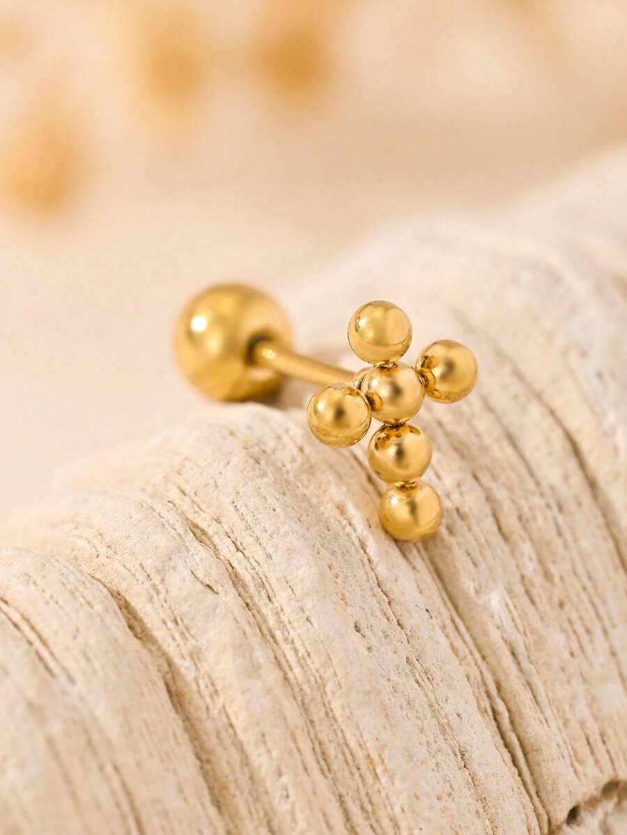 1 brinco de aço inoxidável minimalista com contas redondas lisas em formato de cruz e floco de neve, delicado e pequeno, com haste reta e rosca para bola redonda, ideal para uso diário. - Contas Cruzadas-Ouro - Ver 1