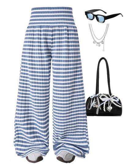 女童休闲条纹低腰裤，街头风格，适合日常穿着，夏季