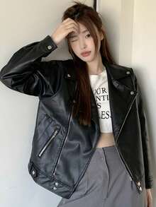 女式纯色前拉链长袖口袋休闲夹克 - 黑色 - 查看 5